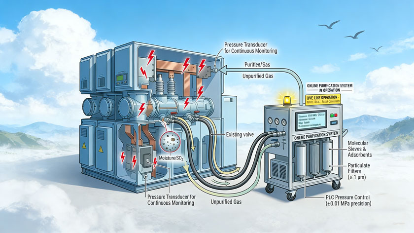 Can I perform SF6 gas purification while the high-voltage equipment is energized?